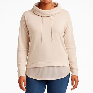 Cowl Neck Pullover Hoodie M Beige Mesh Hem High Low Sweatshirt Relaxed Fit Top